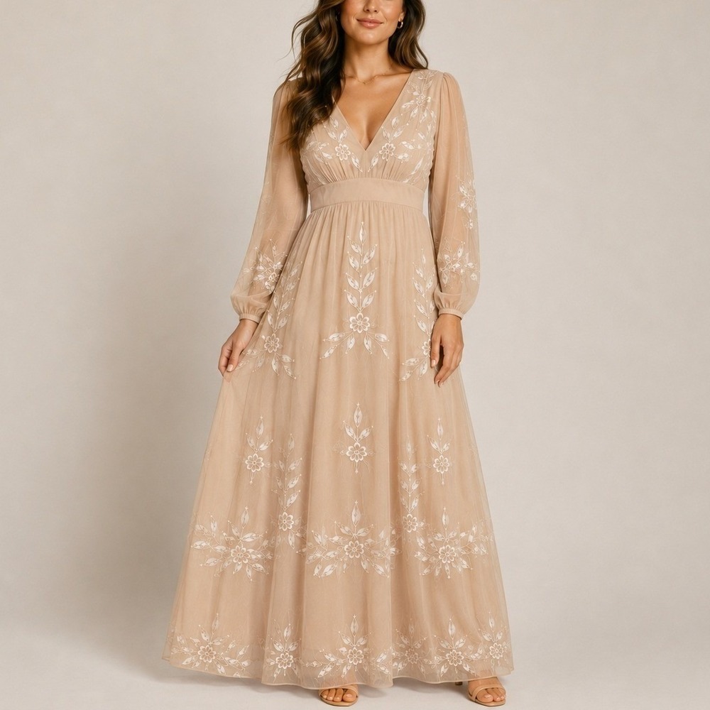 BHLDN Belize Maxi Dress 18 Embroidered Beaded Long Sleeve Wedding Formal Gown